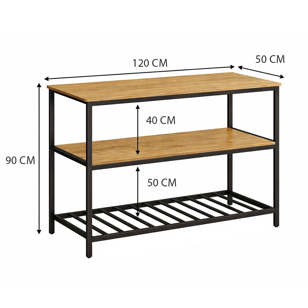 Industrial Wooden Kitchen Console with Metal Frame – 3-Tier Storage Shelf (120 cm X 50 cm X 90 cm)
