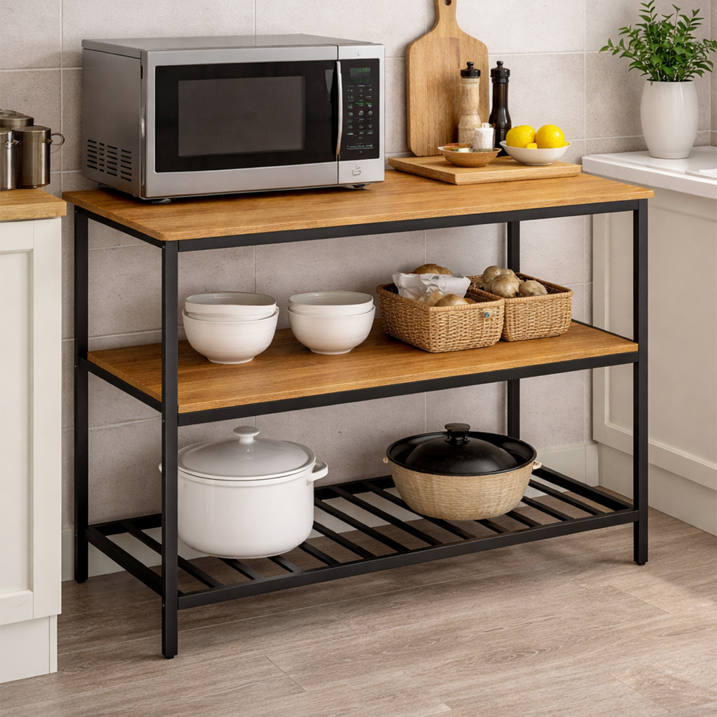 Industrial Wooden Kitchen Console with Metal Frame – 3-Tier Storage Shelf (120 cm X 50 cm X 90 cm)