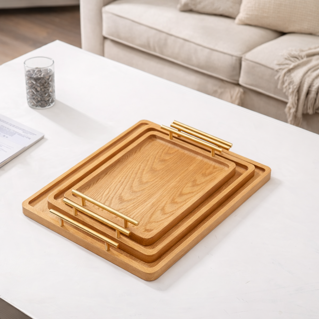 طقم صواني تقديم من خشب الارو الطبيعي (3 قطع).