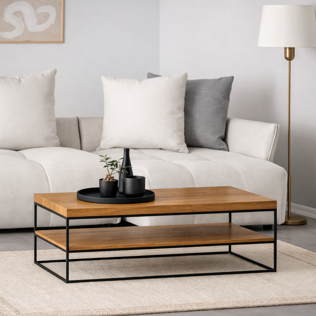 طاولة قهوة عصرية من خشب الارو – تصميم من مستويين (120 سم × 60 سم × 50 سم)