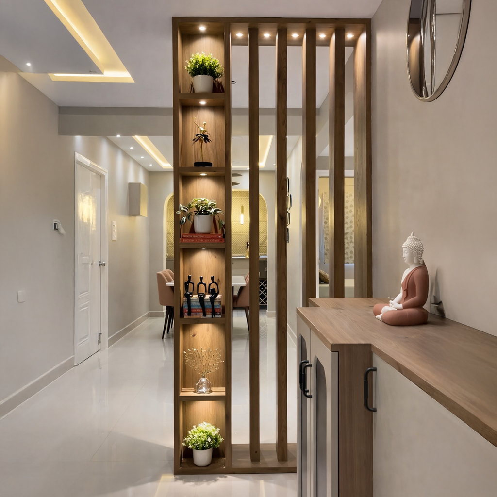 مودرن بارتيشن قشرة ارو طبيعي و اعمدة دوارة مع أرفف عرض وإضاءة موضعية (260 × 100 × 30 سم)