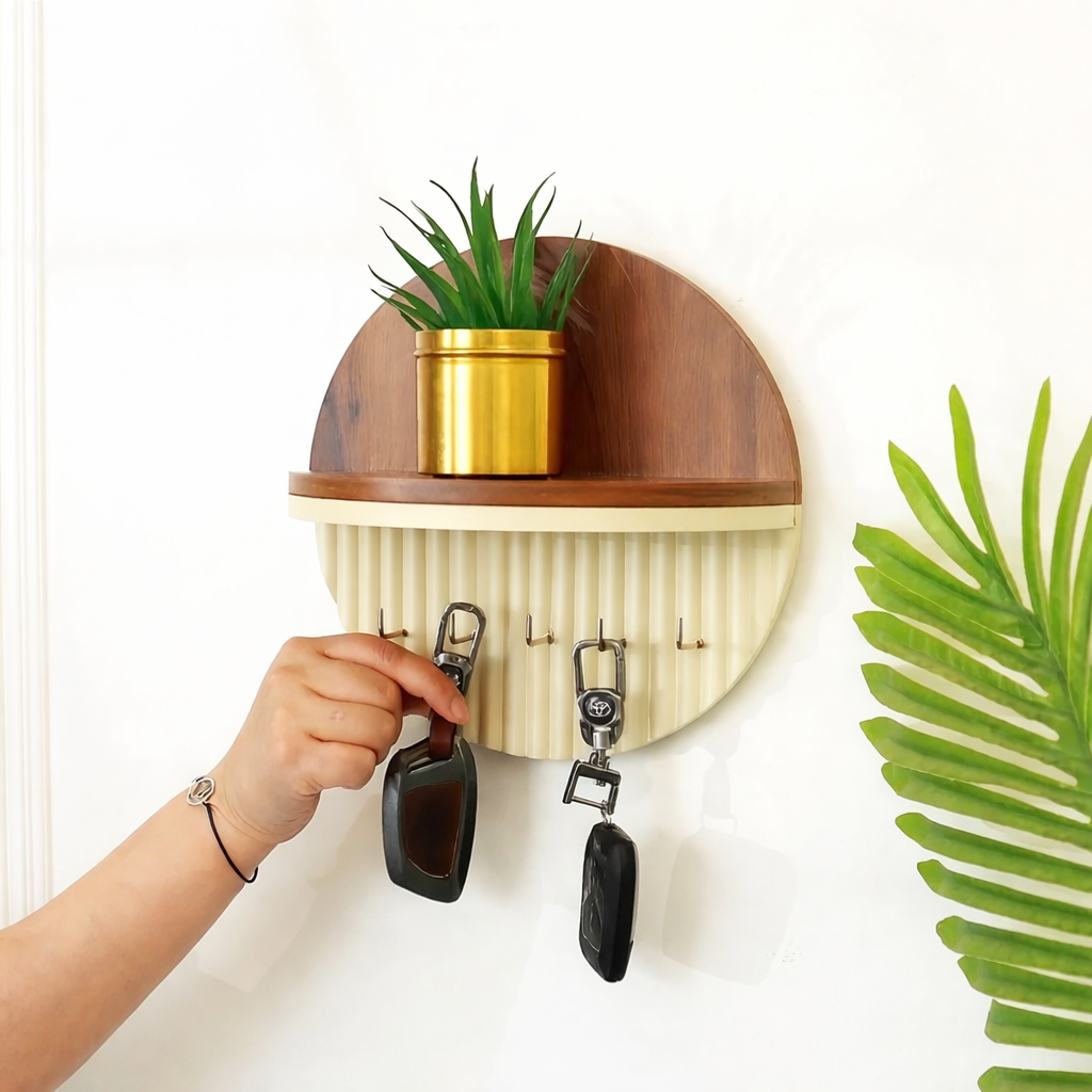 رف حائط دائري + 5 خطافات معدنية