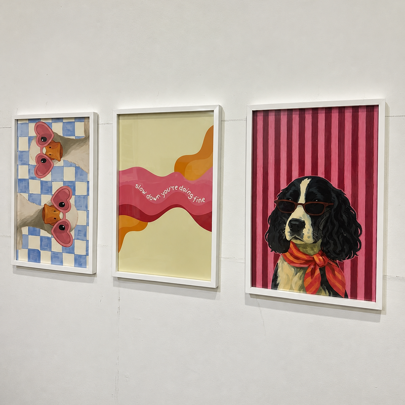 Three framed art prints hanging on a white wall. The left print shows a duck with pink glasses on a blue-and-white checkered background.