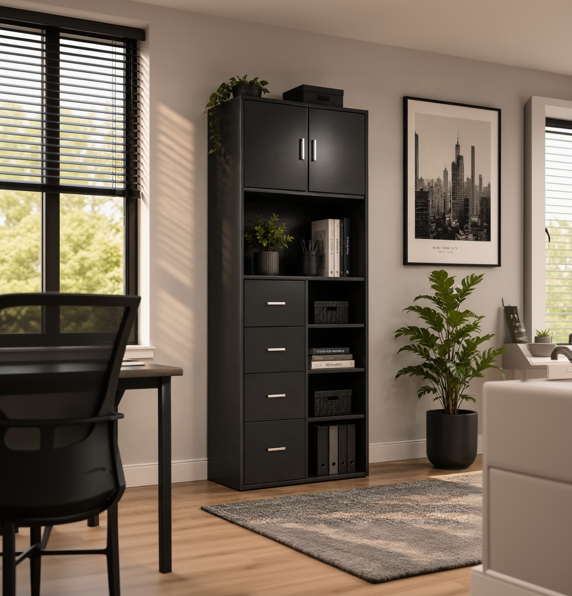 Black bookshelf with multiple shelves and drawers in a room with plants and a cityscape picture.