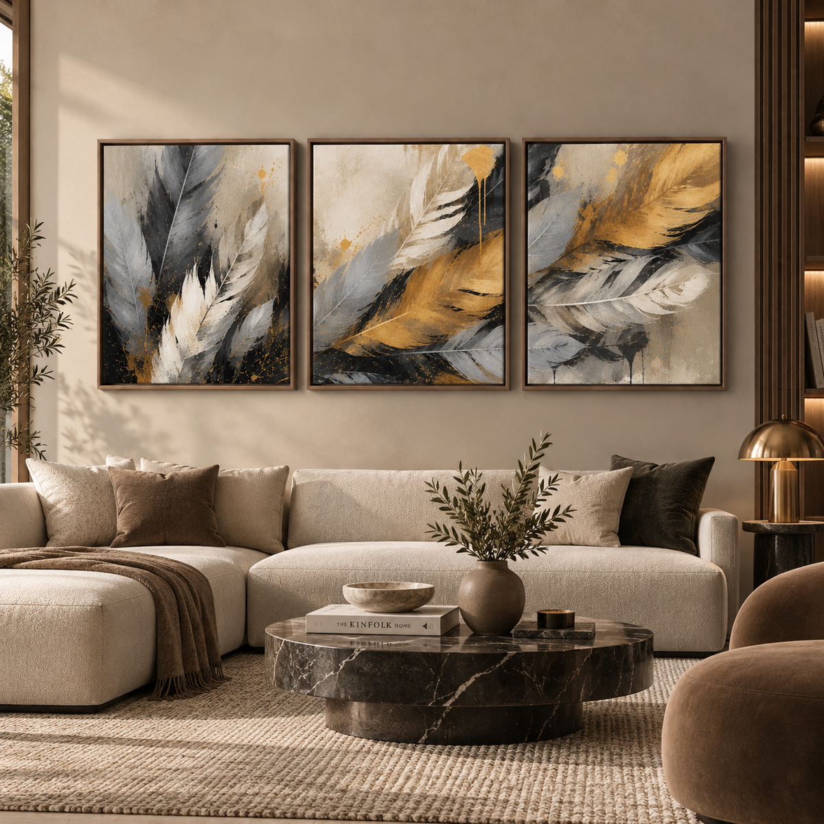 Golden Plume Floating Framed Canvas (3 pieces)