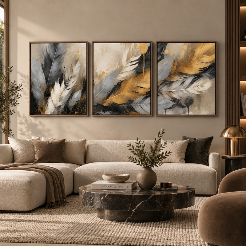 Golden Plume Floating Framed Canvas (3 pieces)