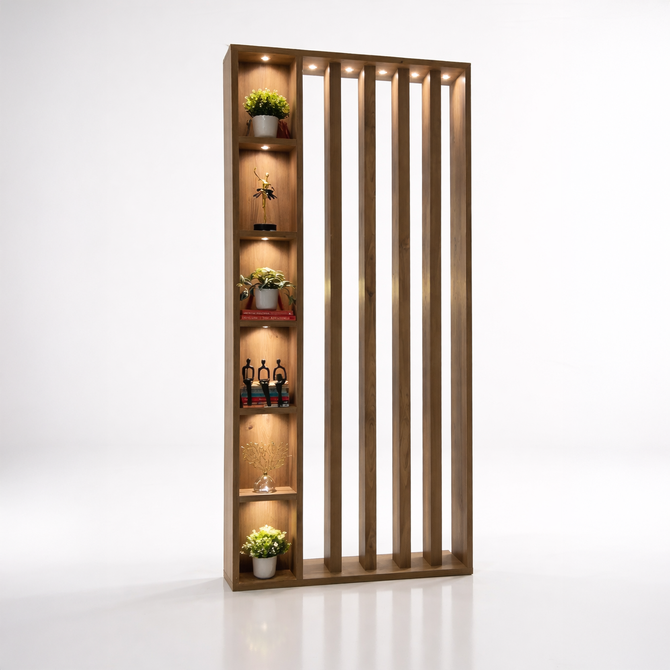 مودرن بارتيشن قشرة ارو طبيعي و اعمدة دوارة مع أرفف عرض وإضاءة موضعية (260 × 100 × 30 سم)