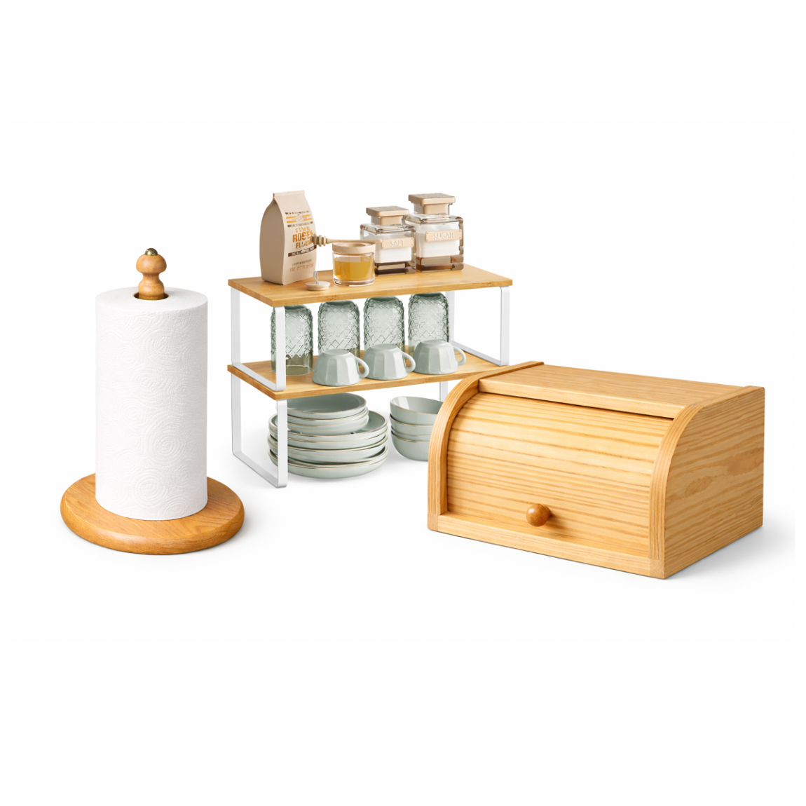 صندوق خبز خشبي فاخر من الخشب عزيزي + رف منظم لسطح المطبخ (طبقتان) + حامل مناشف ورقية خشبي حجم كبير