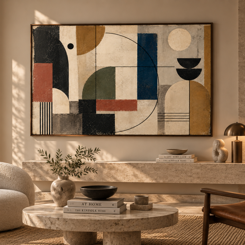Abstract framed floating canvas displayed on a living room wall – Beitouti