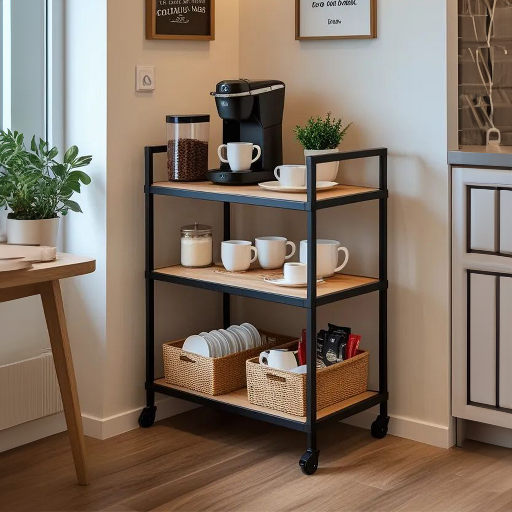 Elegant Three-Shelf Coffee Corner – Metal & Natural Wood Design