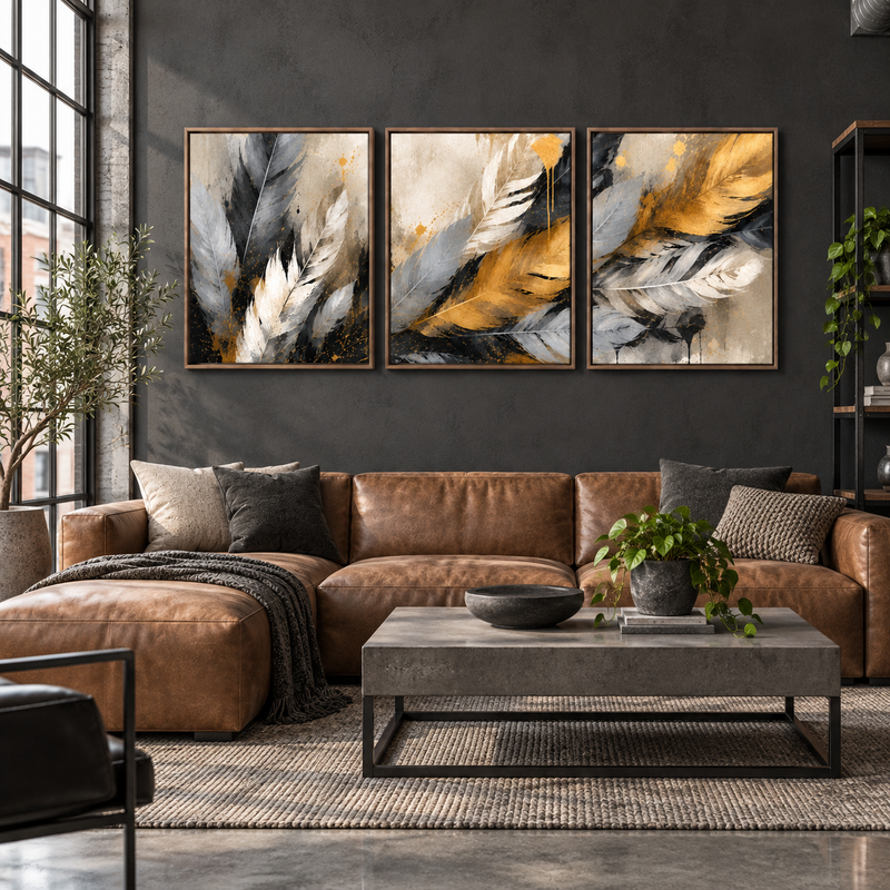 Golden Plume Floating Framed Canvas (3 pieces)