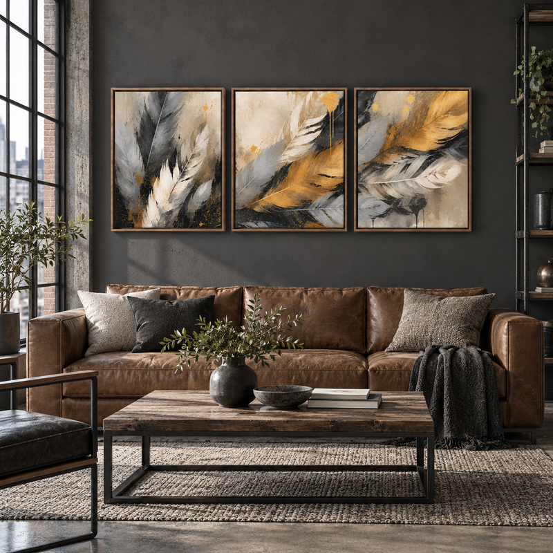 Golden Plume Floating Framed Canvas (3 pieces)